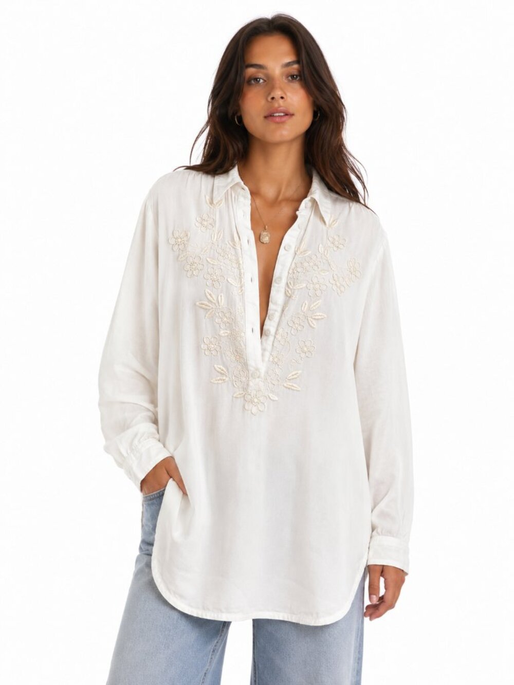 Soft Surroundings Linen Tunic Embroidered Blouse